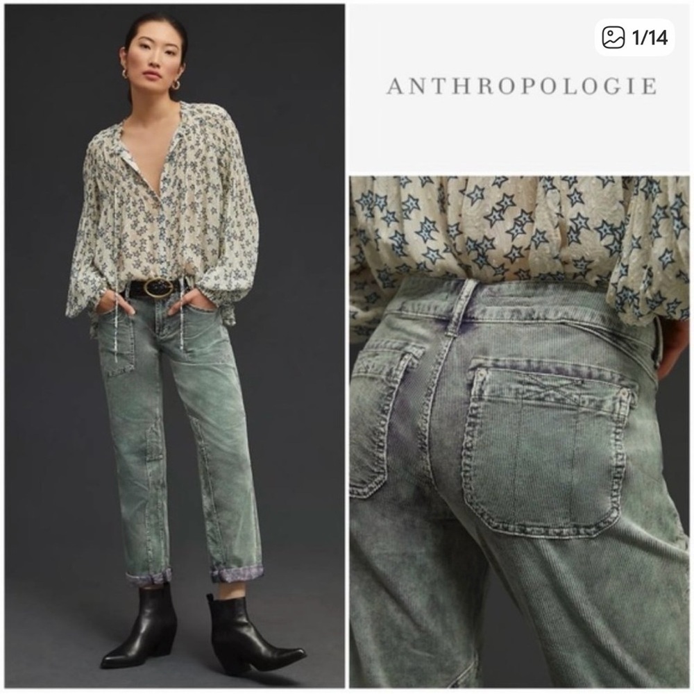 ANTHROPOLOGIE • Pilcro The Wanderer Corduroy Cargo Pants in Light Green • 25